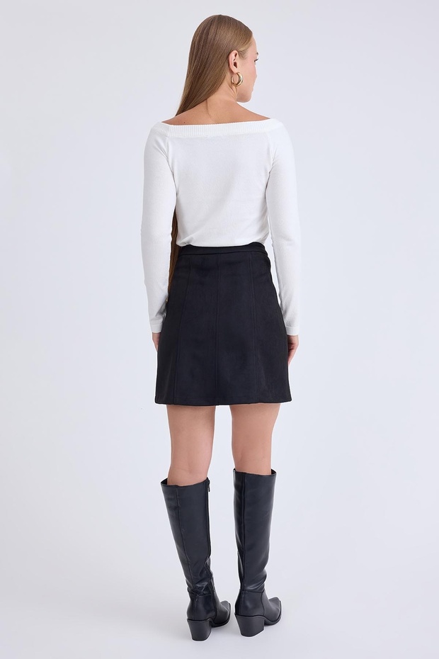 Önü Düğmeli Mini Süet Etek - 7