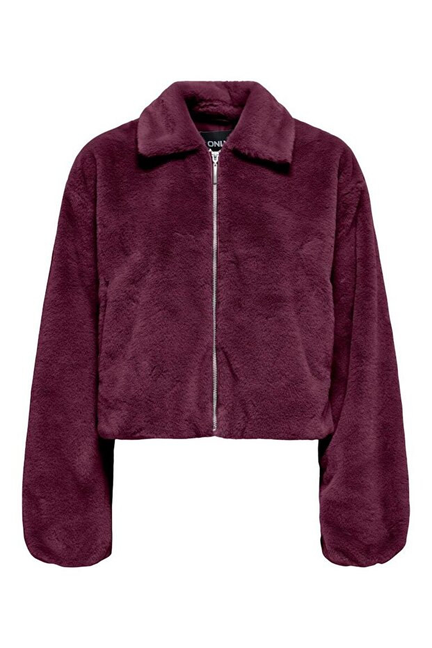 Women's Split Collar Zippered Purple Plush Jacket - 15348987