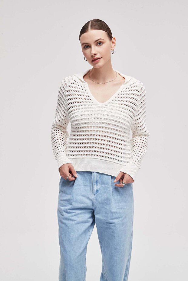 بلوزة سادة بأكمام طويلة ورقبة على شكل حرف V - 1