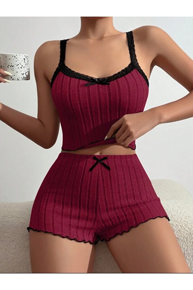 Women's Lace Detailed Ribbed Shorts Two-Piece Set