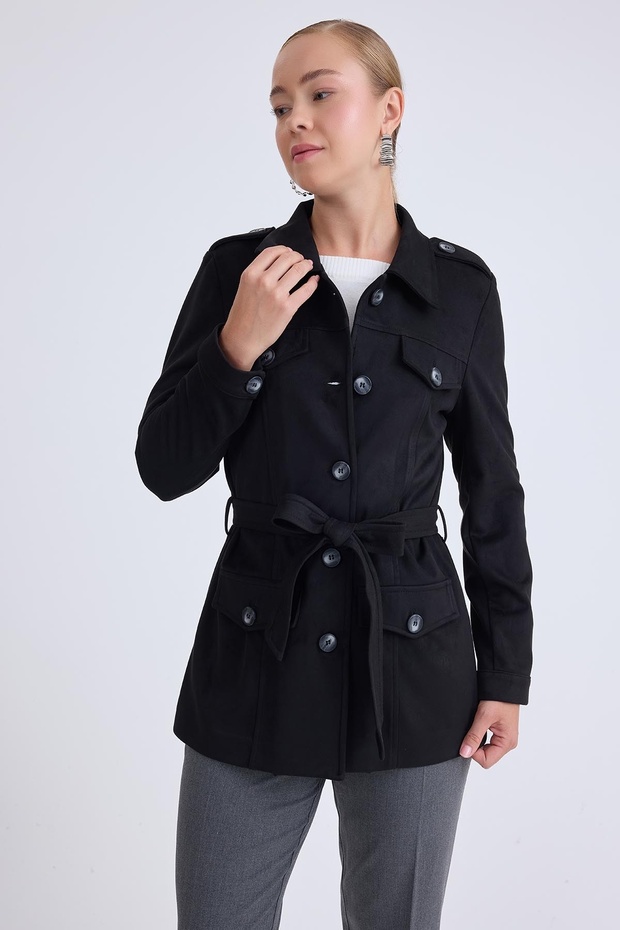 سترة من جلد الغزال بأزرار وحزام عند الخصر - 3