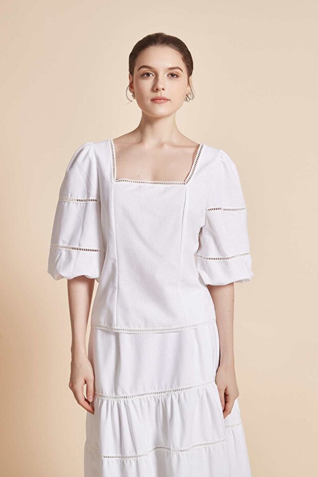 بلوزة سادة بأكمام منفوخة - 5