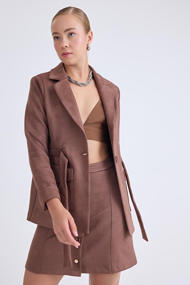 Belden Bağlamalı Süet Ceket - 4