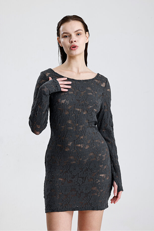 Dantel Mini Elbise - Uzun Kollu, Şık Gece ve Parti Elbisesi | ELB36380 Grı - 6