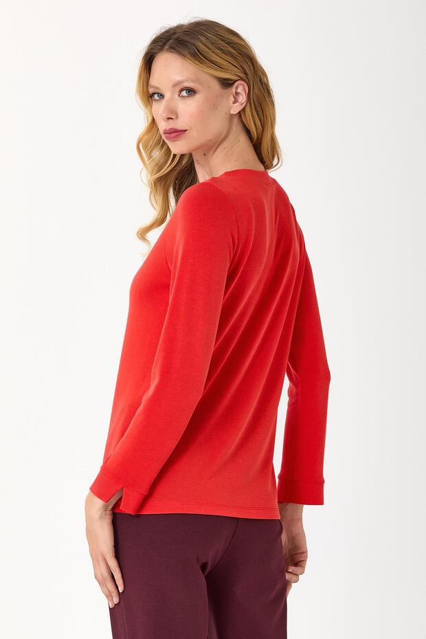 V Yaka Önü Çıtçıtlı Uzun Kol Bluz - 4