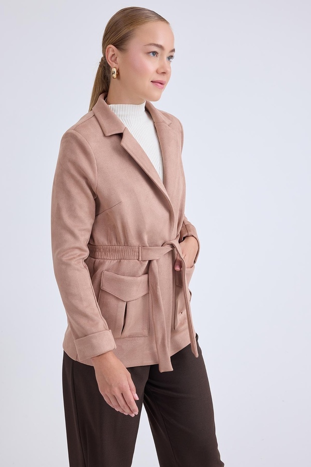 Belden Bağlamalı Süet Ceket - 3