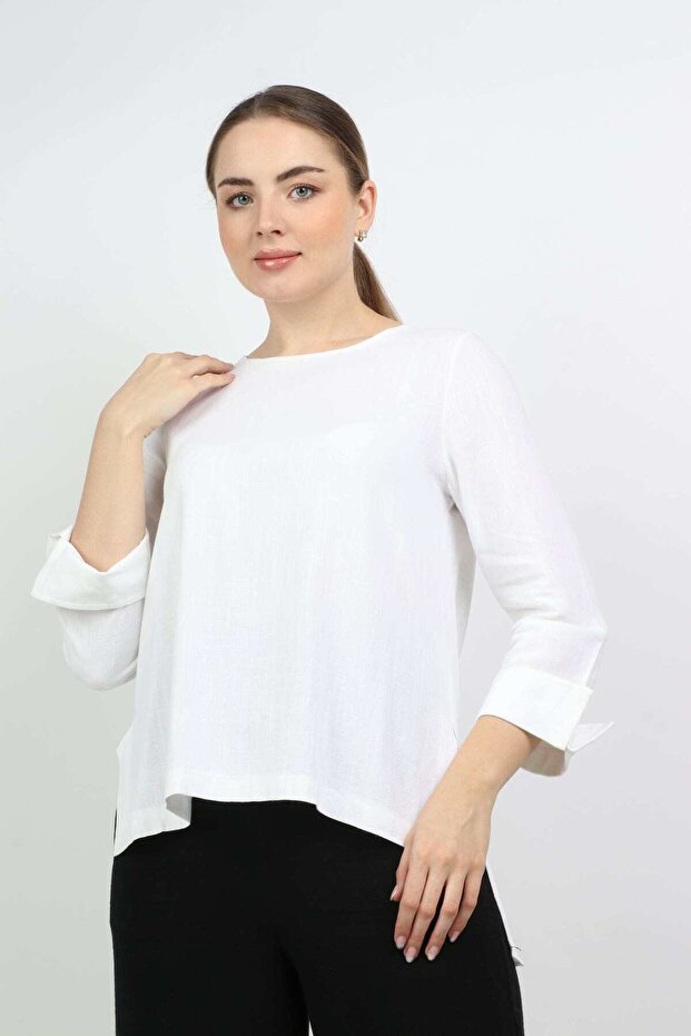 بلوزة سادة طويلة من الأمام وقصيرة من الخلف - 1