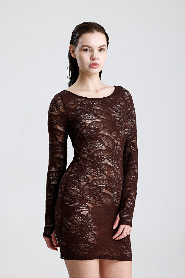 Dantel Mini Elbise - Uzun Kollu, Şık Gece ve Parti Elbisesi | ELB36380 Kahve - 4
