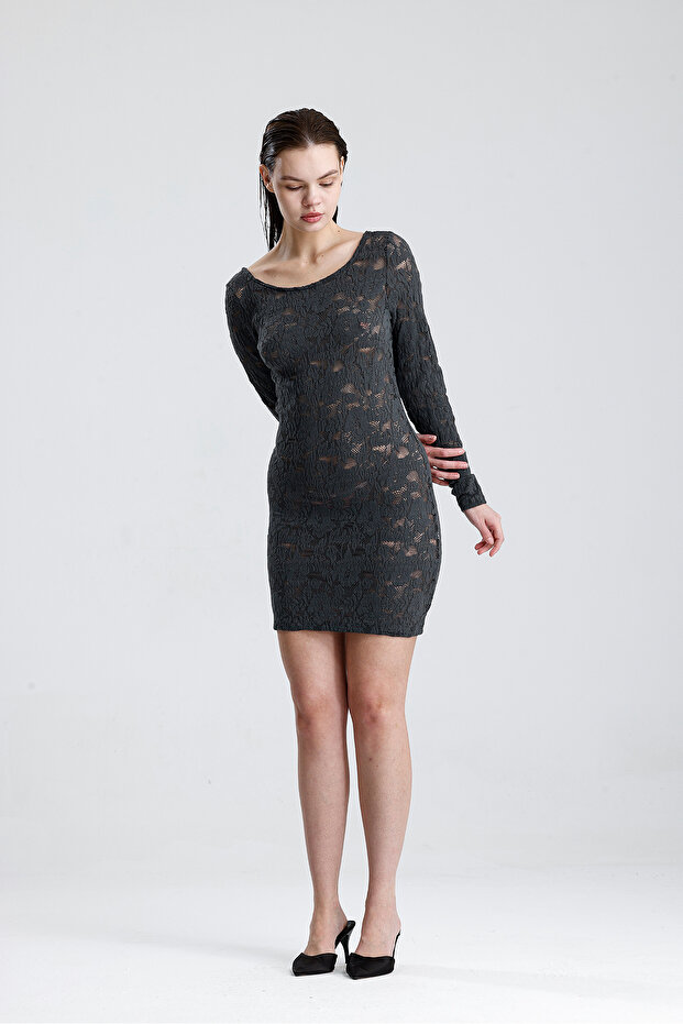 Dantel Mini Elbise - Uzun Kollu, Şık Gece ve Parti Elbisesi | ELB36380 Grı - 3