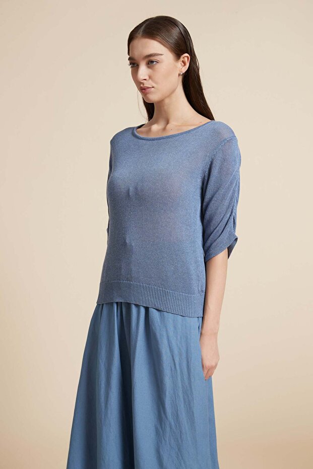 بلوزة سادة بياقة دائرية وأكمام نصفية - 3