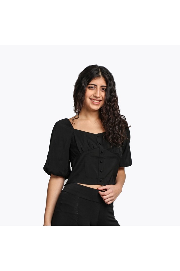 بلوزة نصف قصيرة ناعمة بأزرار أمامية - 1