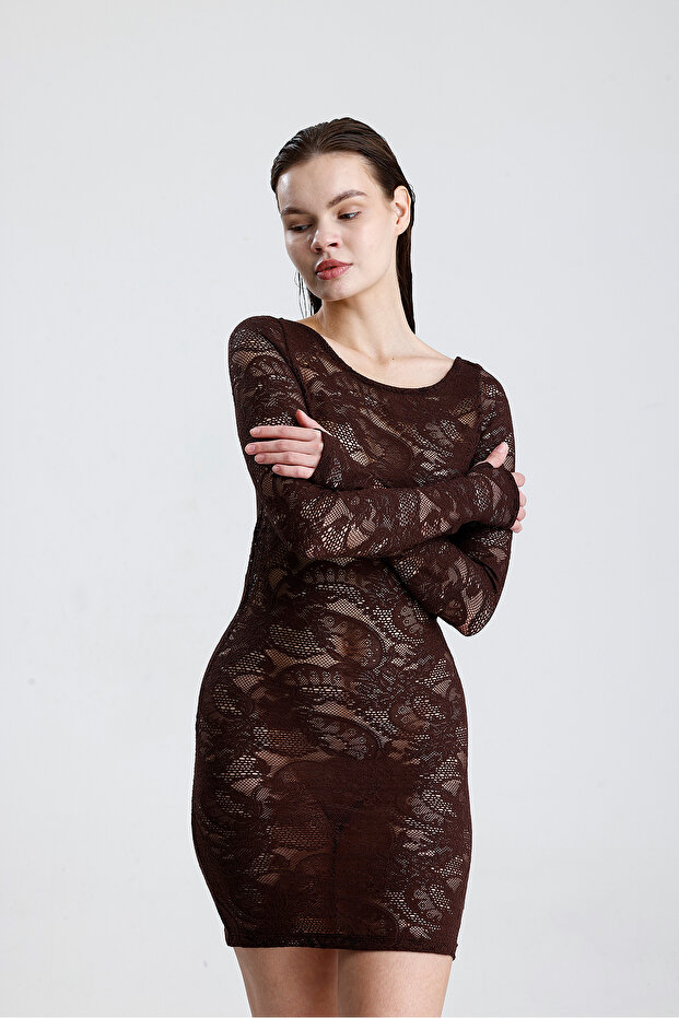 Dantel Mini Elbise - Uzun Kollu, Şık Gece ve Parti Elbisesi | ELB36380 Kahve - 3