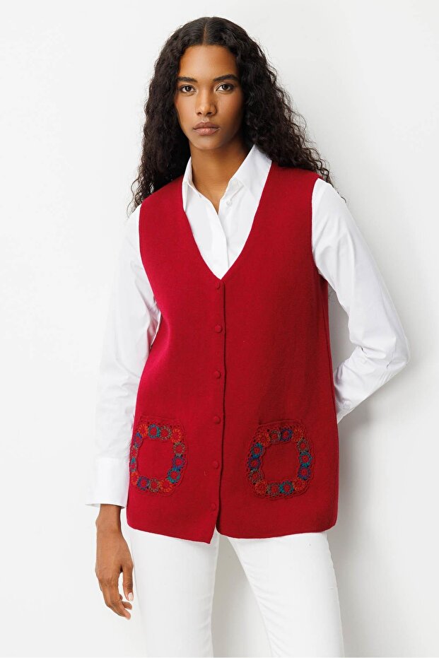 Women's V-Neck Pocket Crocheted Wool Vest V.Churugi