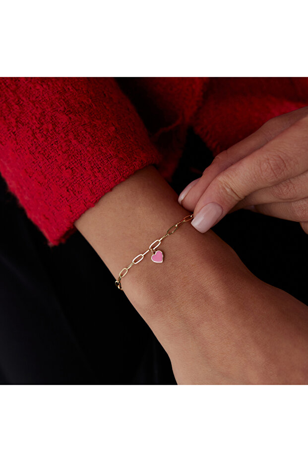 Pembe Mineli Kalp Charm Bileklik - 1