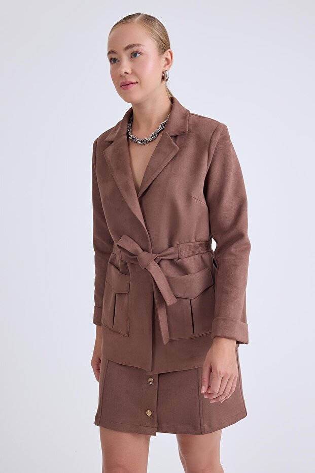 Belden Bağlamalı Süet Ceket - 7