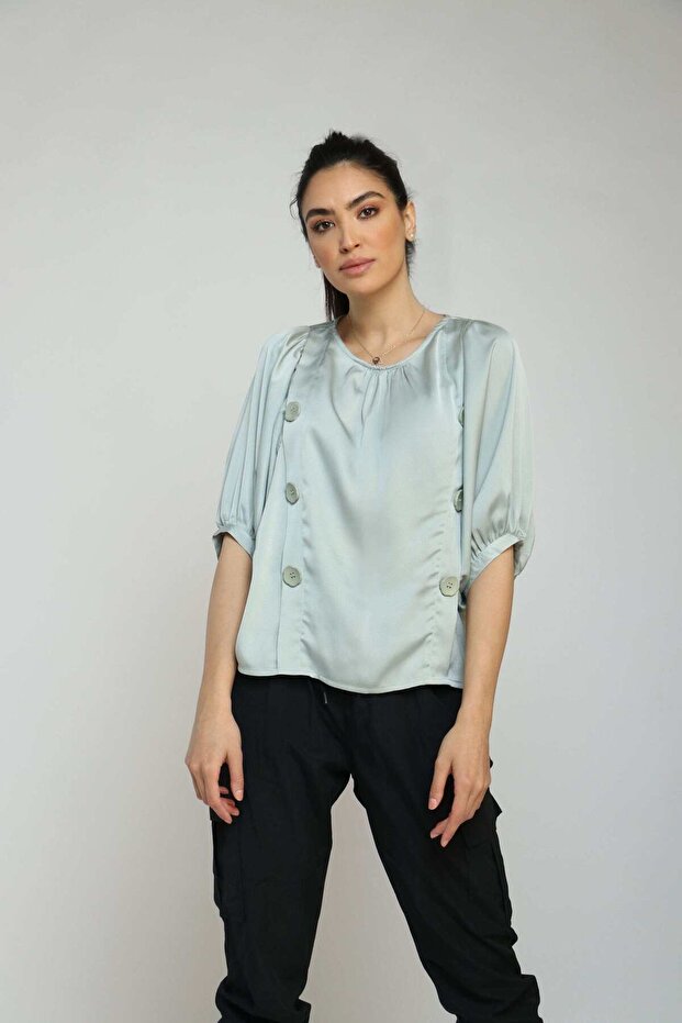 Oversized Solid Short Puff Sleeve Top - 1