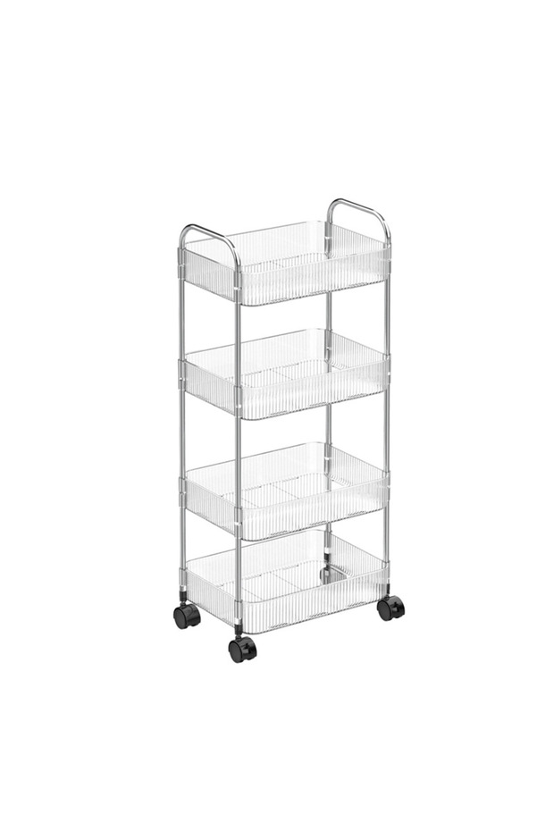 A mobile, transparent acrylic trolley shelf for the modern home, suitable for the kitchen, office, and bathroom.