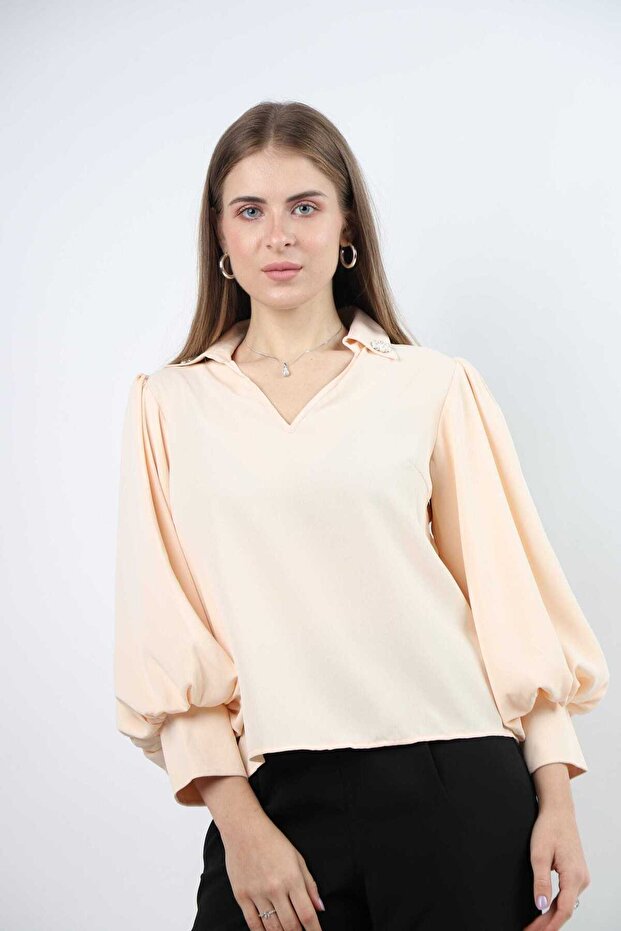 Solid Embroidered Neck Long-Sleeve Top - 1
