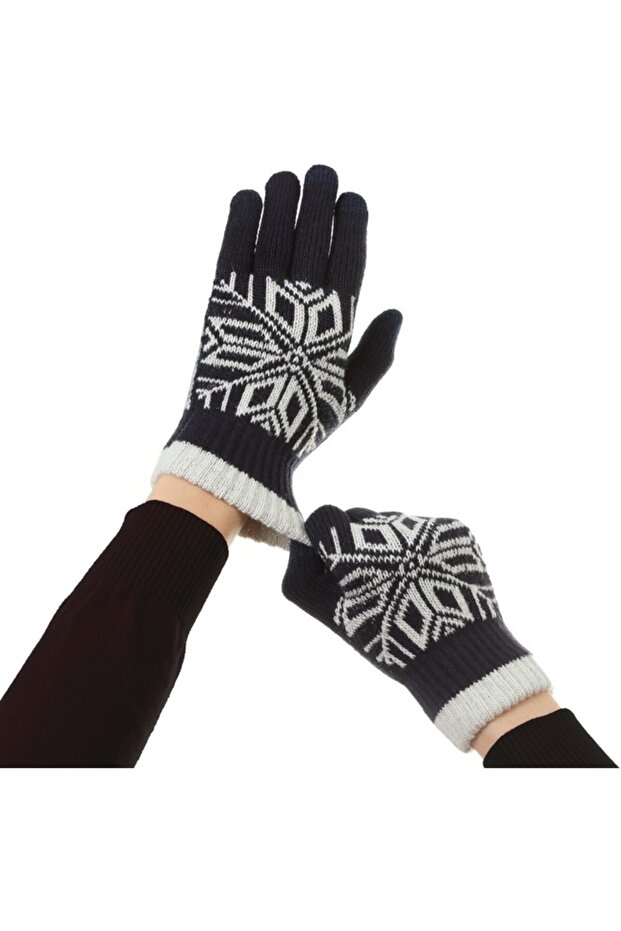 Men's Gloves, Flippy, Snowflake Pattern, Touchscreen Function, Knitted Acrylic Material, Navy Blue - 9
