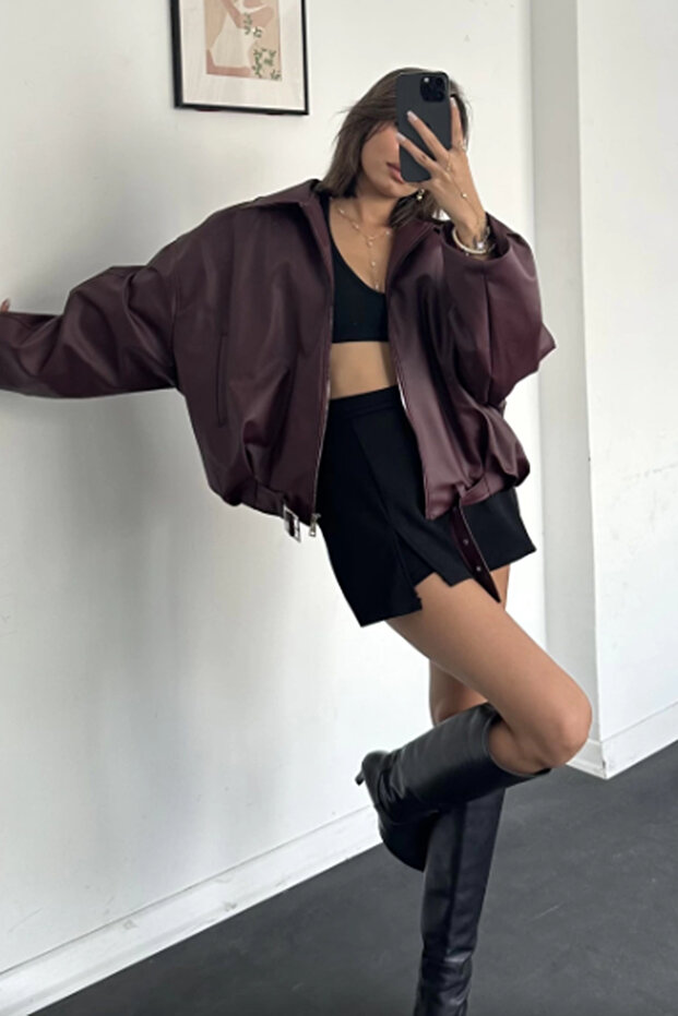 Luvren Burgundy Street Style Bomber Zr Leather Jacket