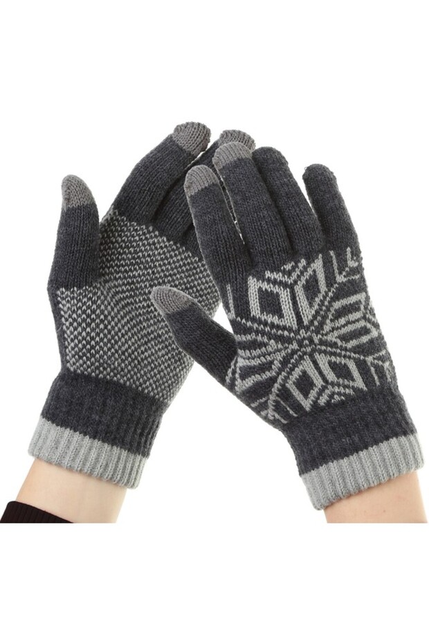 Men's Gloves, Flippy, Snowflake Pattern, Touchscreen Function, Knitted Acrylic Material, Gray - 5