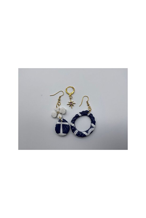 Eight-Cornered Gold Pink Stone Star Navy Blue Drop White Flower Polymer Clay Dangle Multiple Earrings