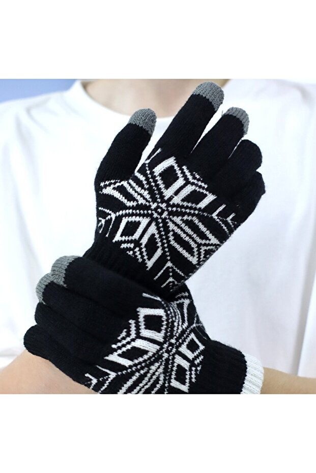 Men's Gloves, Flippy, Snowflake Pattern, Touchscreen Function, Knitted Acrylic Material, Black - 7