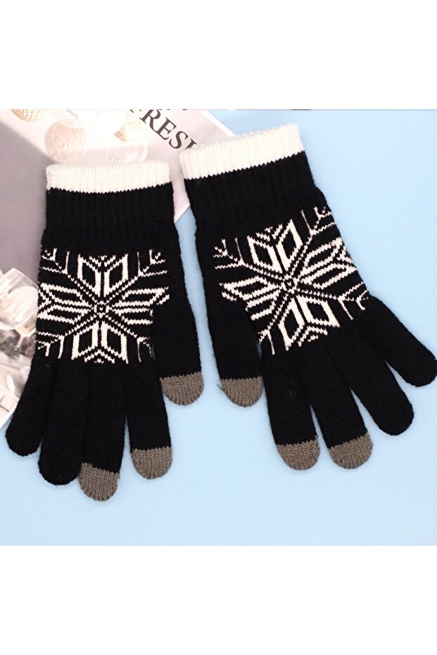 Men's Gloves, Flippy, Snowflake Pattern, Touchscreen Function, Knitted Acrylic Material, Black - 4