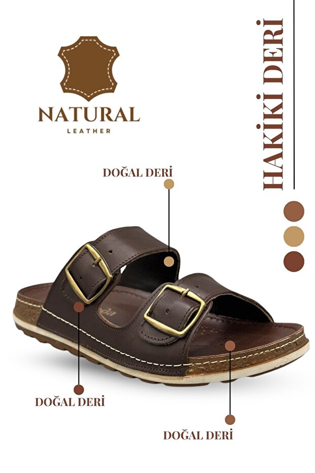 Genuine Leather Men's Slippers with Double Velcro Straps Orthopedic Comfortable Sole Daily Slippers Tm Brown