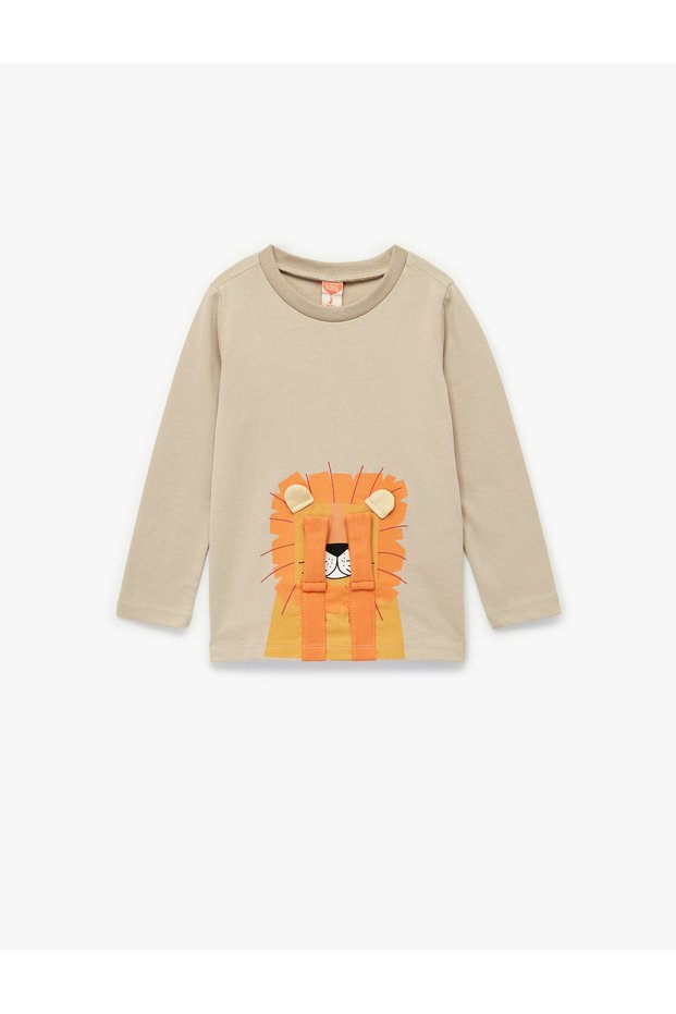 Lion Printed Long Sleeve Crew Neck Cotton T-Shirt