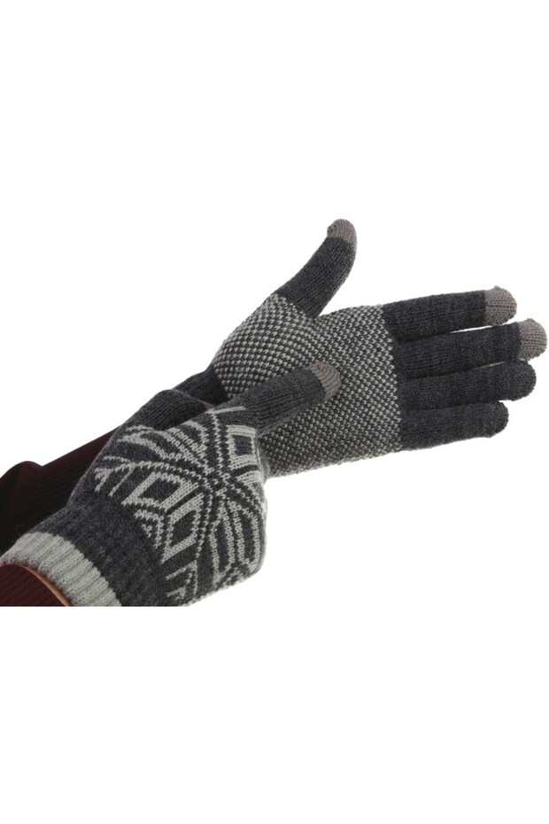 Men's Gloves, Flippy, Snowflake Pattern, Touchscreen Function, Knitted Acrylic Material, Gray - 4