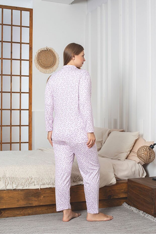 طقم بيجامة من قماش سيندي مقاس كبير بأزرار على الطول الكامل - 3
