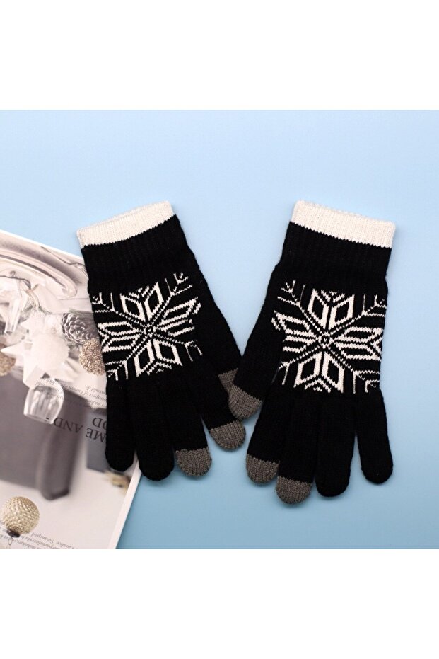 Men's Gloves, Flippy, Snowflake Pattern, Touchscreen Function, Knitted Acrylic Material, Black - 3