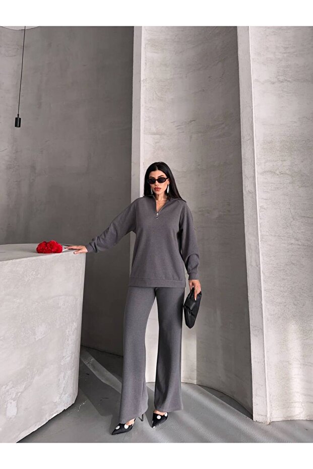 Women's Zippered Polo Neck Sweatshirt Wide Leg Pants Set