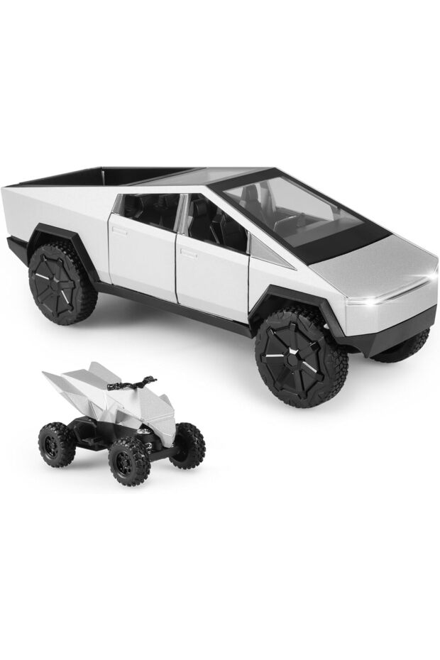 Cybertruck Pickup With Motorcycle Alloy Car Model Diecast Toy Vehicle Sound and Light Simitation