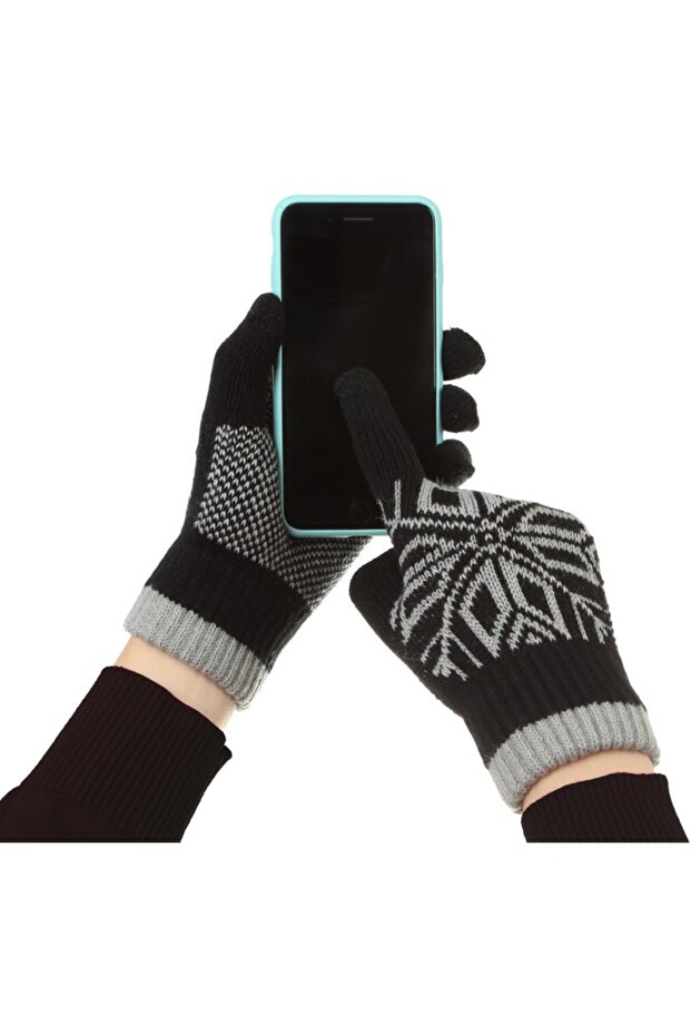 Men's Gloves, Flippy, Snowflake Pattern, Touchscreen Function, Knitted Acrylic Material, Black - 2