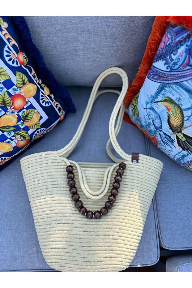 Ecru Beach Bag with Brown Bead Detail