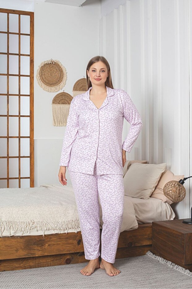 طقم بيجامة من قماش سيندي مقاس كبير بأزرار على الطول الكامل - 2