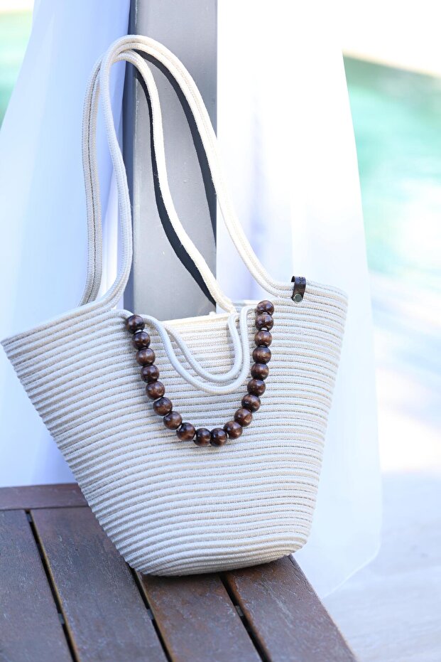 White Straw Bag with Brown Bead Detail