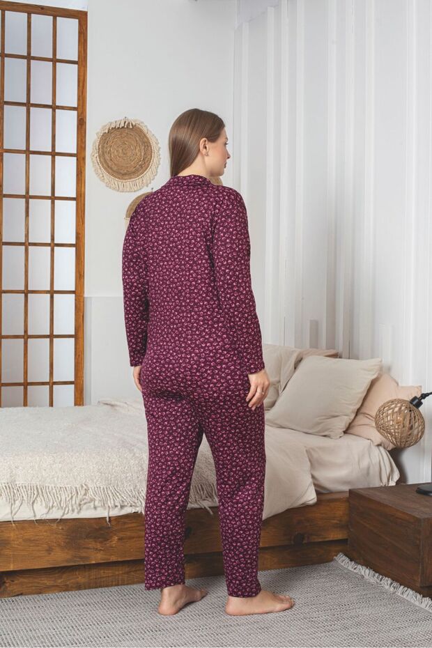 طقم بيجامة من قماش سيندي مقاس كبير بأزرار على الطول الكامل - 3