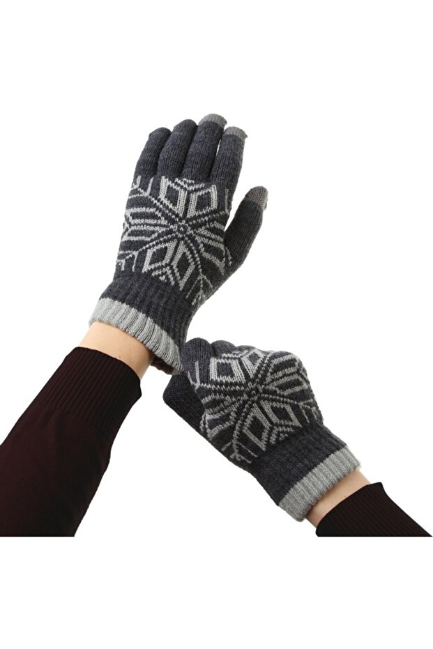 Men's Gloves, Flippy, Snowflake Pattern, Touchscreen Function, Knitted Acrylic Material, Gray - 2