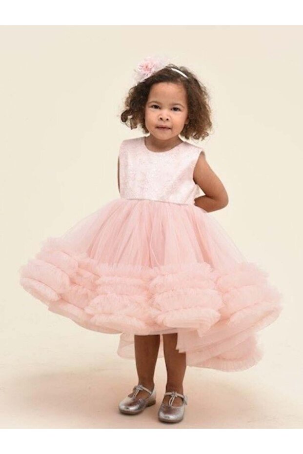 Girl's Embroidered Detailed Front Short Back Long Crown Design Evening Dress