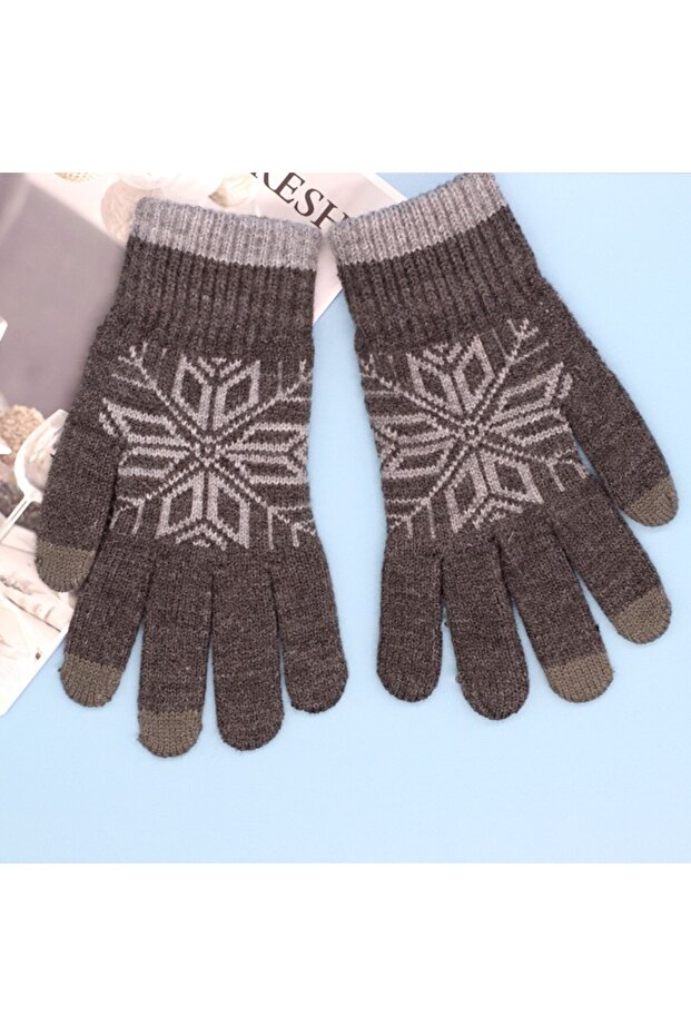 Men's Gloves, Flippy, Snowflake Pattern, Touchscreen Function, Knitted Acrylic Material, Gray - 6