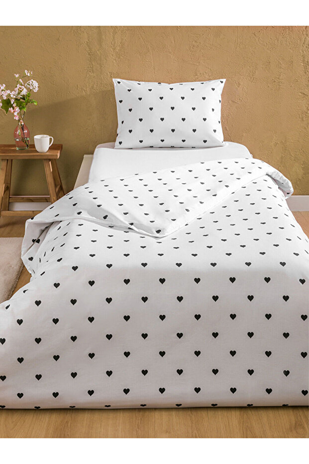 Siyah Kalp Baskılı Pamuklu Tek Kişilik Nevresim Seti - 1