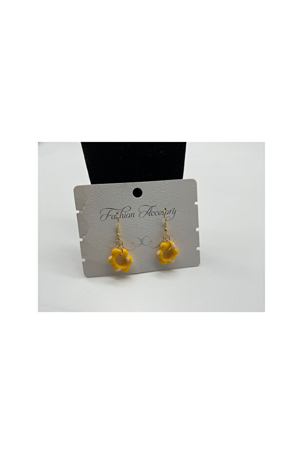 Yellow White Flower Gold Dangle Polymer Clay Earrings