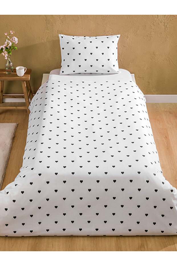 Siyah Kalp Baskılı Pamuklu Tek Kişilik Nevresim Seti - 2