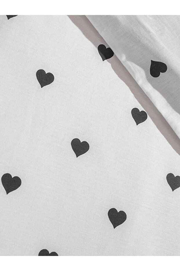 Siyah Kalp Baskılı Pamuklu Tek Kişilik Nevresim Seti - 5
