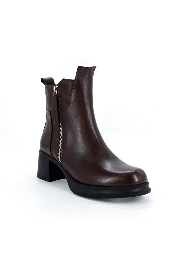 D25KB-8565 Kahve Faber Hakiki Deri Kalın Topuklu (5cm) Termal Astar Kadın Bot - 1