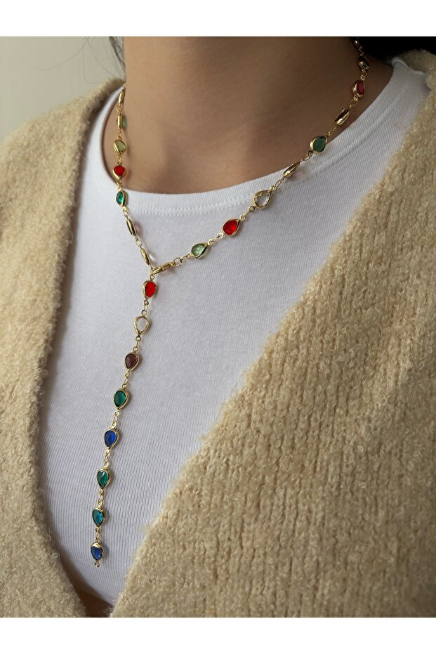 Colorful Glass Stone Gold Y Low-Cut Necklace