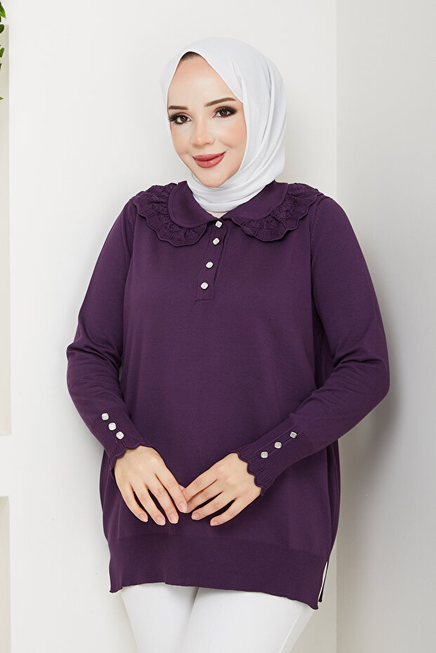 Women's Lace Detailed Mercerized Knitwear Tunic